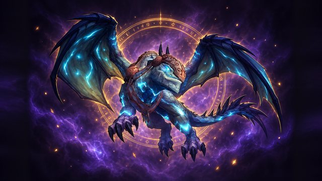 Drake of the Four Winds, a deep blue storm drake with glowing wind runes