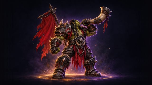 Orc warlord blowing a war horn in front of a war banner