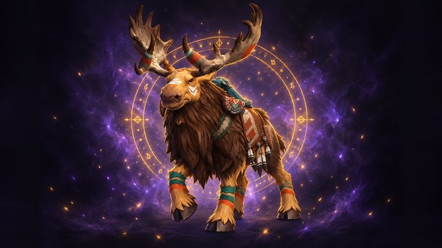 Highmountain Thunderhoof, a brown moose with huge antlers and tauren tribal tack