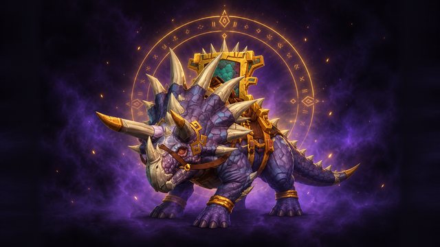 Zandalari Direhorn, a purple horned dinosaur in golden Zandalari armour