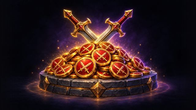 Pile of Conquest medallions under crossed swords