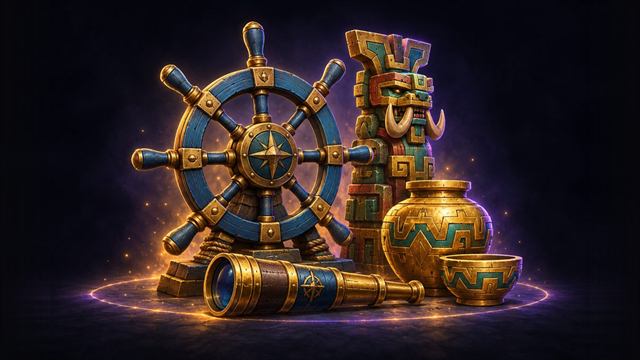 Kul Tiras and Zandalar decor: a ship's wheel, a spyglass and a troll totem