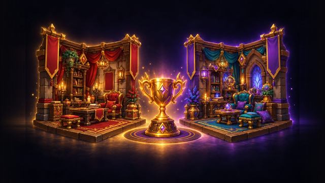 Two decorated room corners with a trophy between them