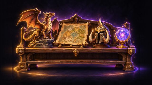 Relics from older expansions: a dragon figurine, a map and a helm