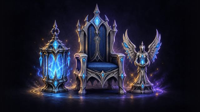 Shadowlands decor: a lantern, a gothic chair and a guardian statue