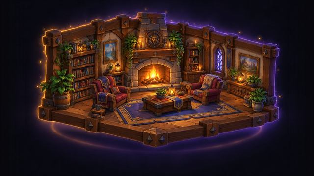 Furnished house interior with a fireplace and bookshelves