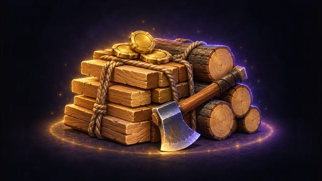 Stack of lumber with a woodcutter's axe