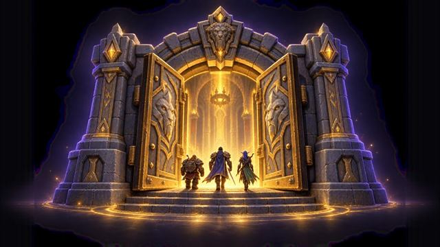 Open dungeon gates with adventurers stepping inside