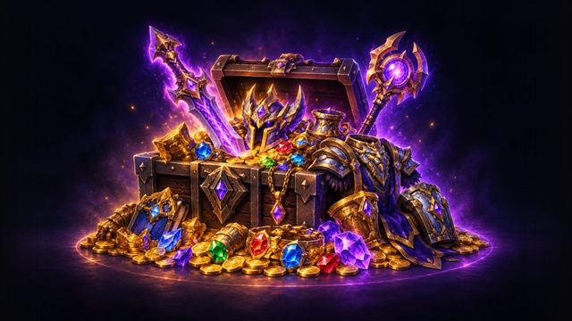 Chest overflowing with weapons, armor, rings and gems