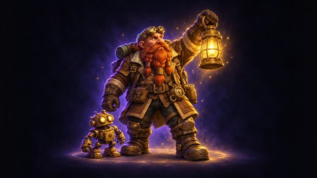 Dwarf delver with a lantern and a clockwork companion