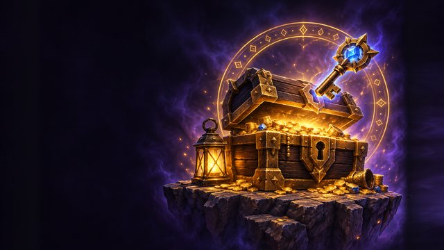 A delver's coffer spilling gold beside a brass lantern, a crystal coffer key above the lock