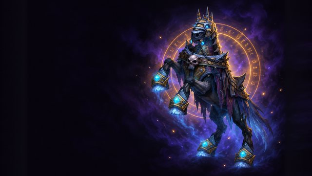 Invincible, the skeletal warhorse of Arthas, rearing in dark saronite barding